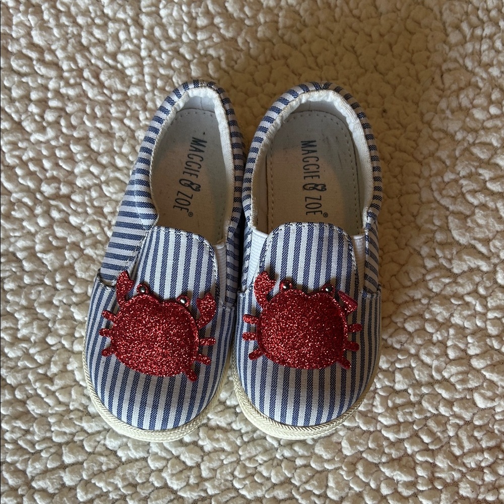 Maggie & Zoe Blue White Striped Slip-On Sneakers with Red Glitter Crab
